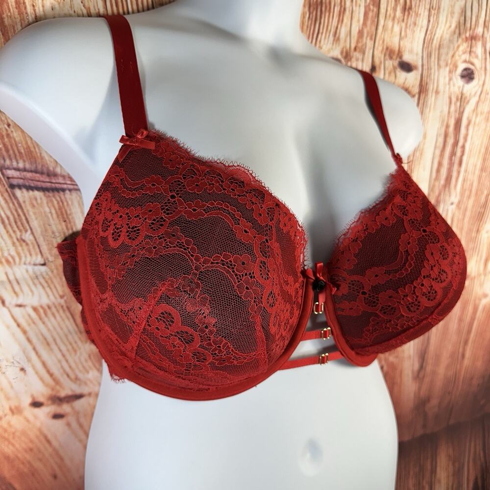 Cacique BOOST BALCONETTE Size 42F Red Lace Black Underlay Padded Underwire Bra - Picture 2 of 6